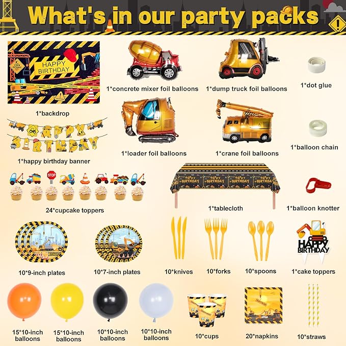 175 PCS Construction Birthday Party Supplies, Construction Party Decorations, Dump Truck Party Decorations Includes Balloons, Backdrop, Banner, Tablecloth, Plates, Napkins, Cake Toppers