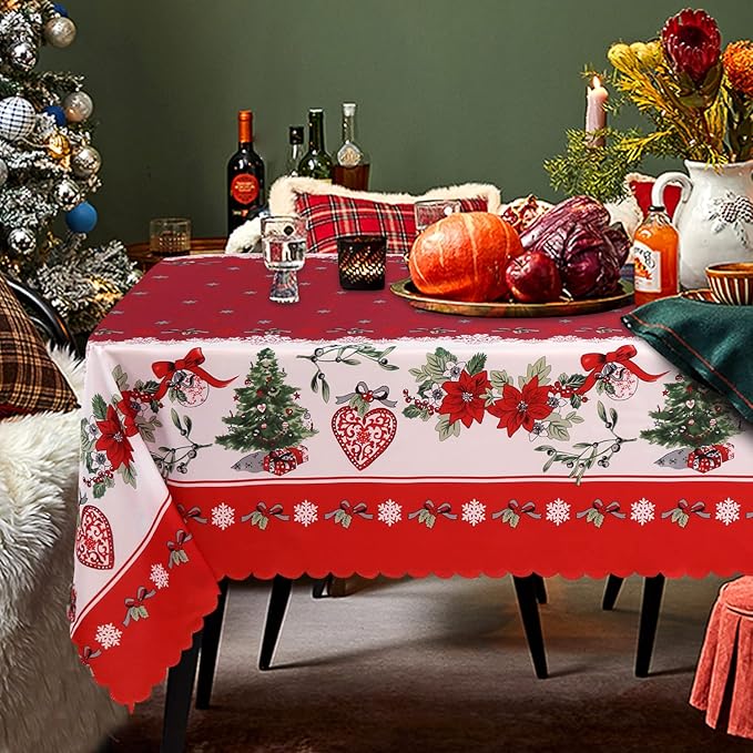 LUSHVIDA Christmas Rectangle Table Cloth – Washable Water Resistance Holiday Microfiber Tablecloth Decorative Table Cover for Banquet Party Kitchen Dining Room, 60 x 120 Inch