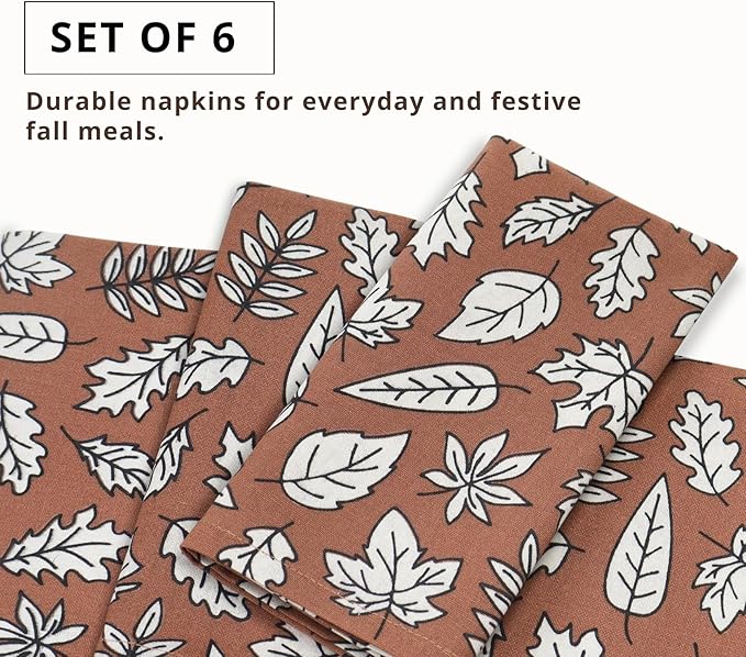PurpleEssences Fall Harvest Thanksgiving Napkins 18x18 Inch, Set of 6-100% Cotton Autumn Leaves Print - Reusable, Washable Dinner Napkins for Home, Kitchen & Parties - Heap of Autumn