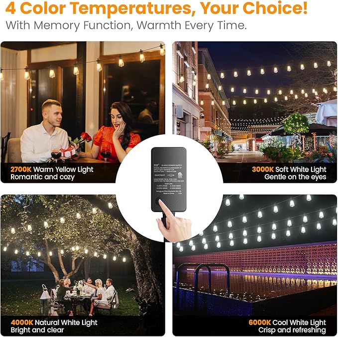 Kawaya Outdoor String Lights for Patio - ST38 Outside IP64 Waterproof Hanging Light with 2700k~6000k Dimmable - 50FT Led Edison Lights for Cafe Bistro Yard Gazebo Porch