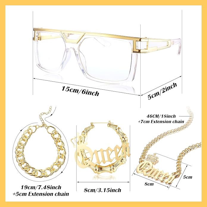 THUNARAZ 80s/90s Hip Hop Queen Costume Kit for Women Rapper DJ Punk Rapper Costume Jewelry Accessories Set