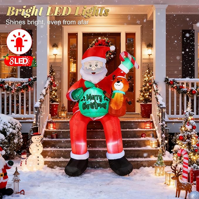 8FT Christmas Inflatables Outdoor Decorations, Sitting Santa Claus with Gift Candy and Reindeer, Blow Up Holiday Yard Decor with Built-in LED Lights for Xmas Garden, Lawn, and Party