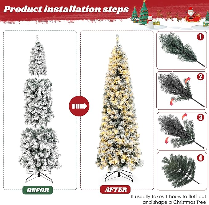 6.5ft Pre-lit Snow Flocked Pencil Christmas Tree Fir Hinged Slim Corner Xmas Tree Holiday Decoration with 250 Incandescent Warm White Lights & 586 Snow Branch Tips, White