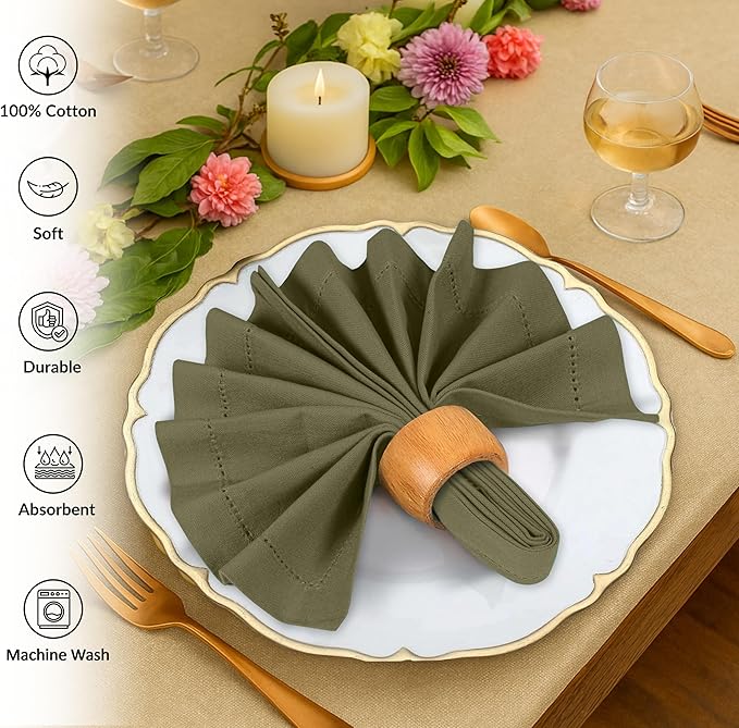 Ruvanti Cloth Napkins - 100% Cotton Dinner Napkins, Hem Stitched Corners, 18x18 Inch, 12 Pack - Soft, Absorbent, Durable, Reusable, Wrinkle Resistant for Formal Dining & Everyday Use - Capulet Olive