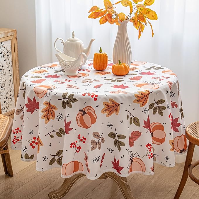 Thanksgiving Waterproof Tablecloth – Fall Harvest Pumpkins, Maple Leaves & Berries Print – Autumn Rectangle Table Cover for Dining or Party, White, 60" Round
