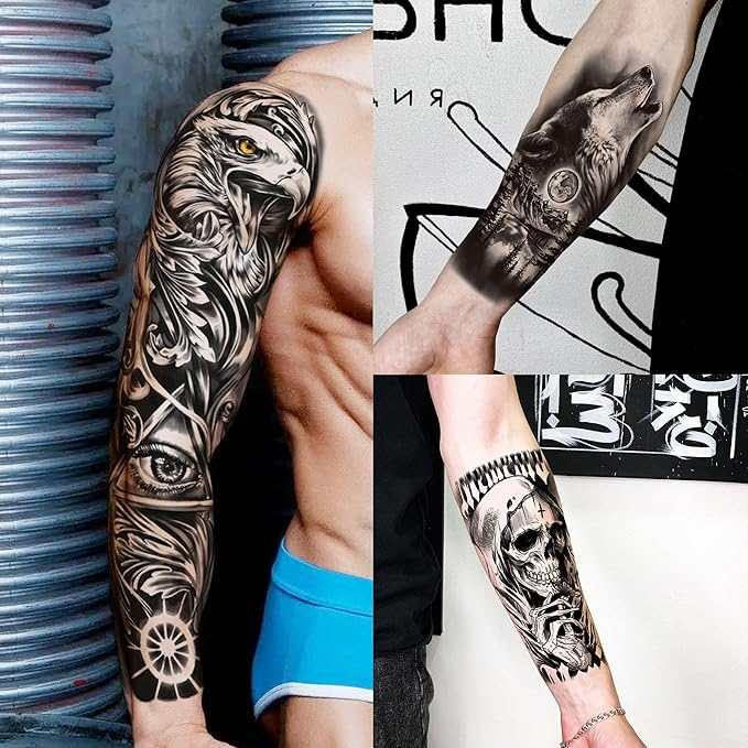 20 Sheets Black Lion Leopard Full Arm Temporary Tattoos For Men Adults Thigh, Floral Forest Wolf Skull Skeleton Eagle Maori Turtle Totem Fake Sleeve Tattoos For Women, Halloween Tattoo Stickers Flower