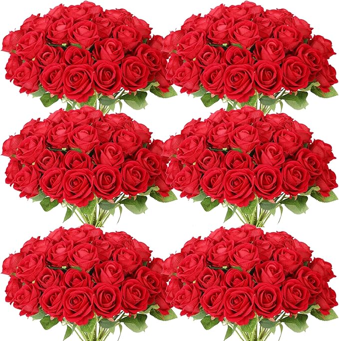 52 PCS Red Artificial Roses Bulk, Fake Artificial Flowers Bridal Bouquet Silk Faux Rose with Stems for Wedding Flowers Decoration, Valentine's Day, Bridal Bouquet, Anniversary, Home Decor (52PCS)