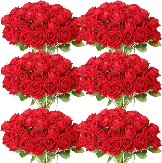 52 PCS Red Artificial Roses Bulk, Fake Artificial Flowers Bridal Bouquet Silk Faux Rose with Stems for Wedding Flowers Decoration, Valentine's Day, Bridal Bouquet, Anniversary, Home Decor (52PCS)