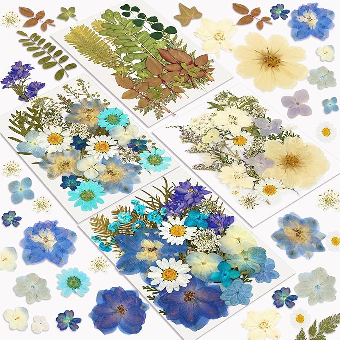 Dried Flowers, Resiners 100Pcs Pressed Flowers for Craft Blue Real Natural Dried Flowers Dry Leaves Kit for DIY Making Crafts Resin Soap Candle Scrapbook Supplies Card Making Jewelry