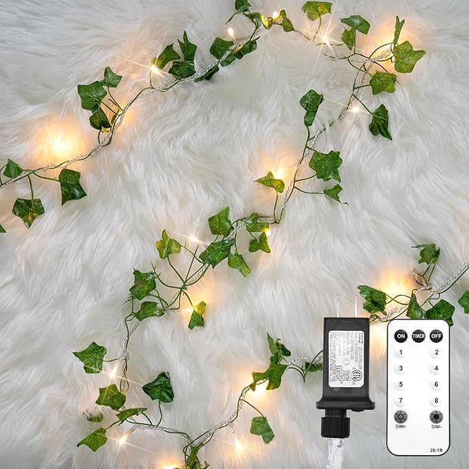 suddus Vine with Fairy Lights Plug in, 33ft 100 LED Ivy String Lights Connectable with Remote, Leaf Light for Bedroom, Room, Wall, Garden, Party, Wedding Decor (Warm White)
