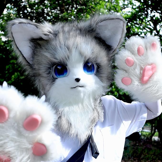 HAOAN Animal Furry Fursuit Head Mask Plush Cat Fox Mask Costume Props for Halloween Party