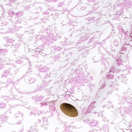 LaRibbons Pink Bow Floral Wrapping Paper Roll – 17 inch x 33 feet, Vintage Toile Stone Paper Design for Wedding, Baby Girl Shower, Bridal Gift Wrap, Valentine's Day, Christmas