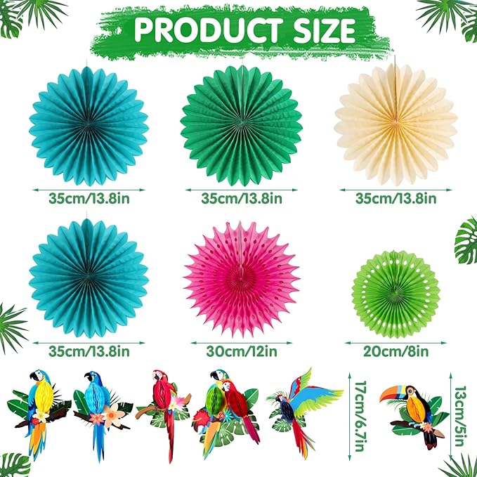 Tropical Parrot Party Decorations, Green Teal Jungle Theme Decorations for Summer Hawaiian Luau Tiki Party Supplies Hanging Tissue Paper Fans Honeycomb Balls Poms.