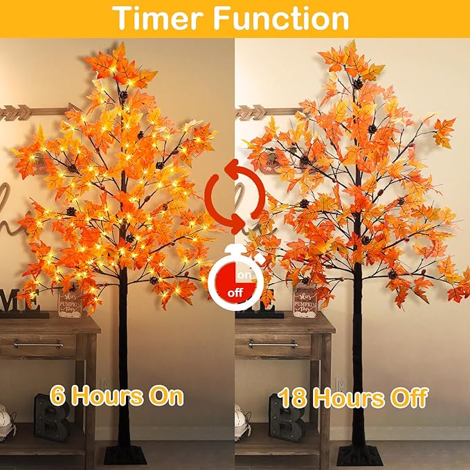 6FT Prelit Fall Maple Tree Decor, 128 LEDs with 8 Acorns 8 Pine Cones & Timer 8 Flashing Modes Artificial Maple Tree Thanksgiving Decor for Fall Home Autumn Halloween Harvest Indoor Outdoor