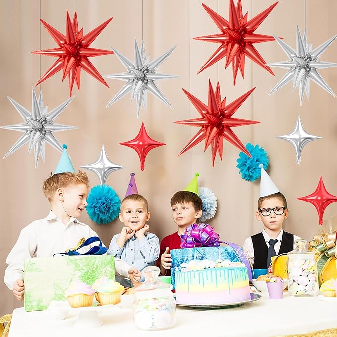 18 Pcs Red Silver Star Balloons, Silver and Red Balloon with 6 Pcs 22-Inch Explosion Star Balloons 12Pcs 10-Inch Four Pointed Stars Foil Balloon for Winter Christmas Birthday Party Decorations