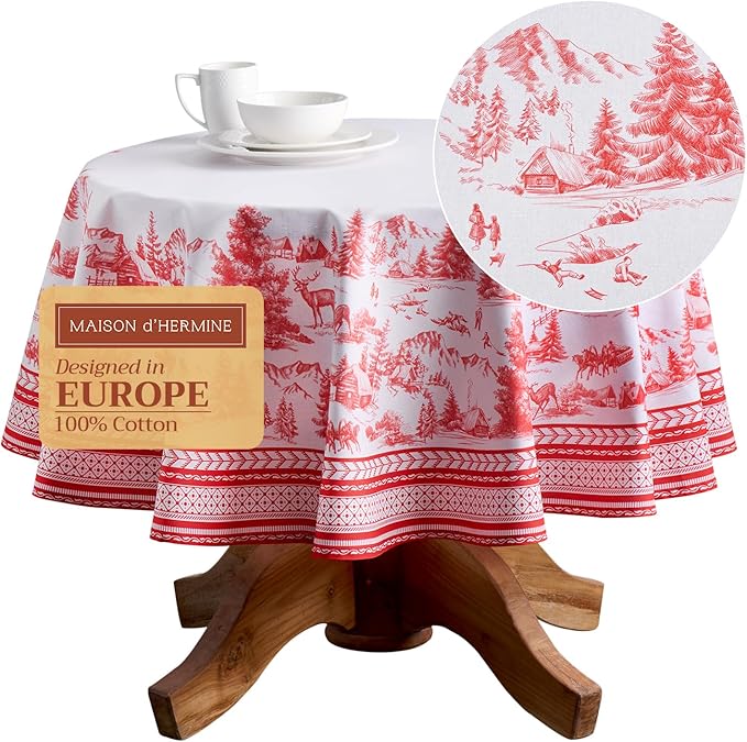 Maison d' Hermine Table Cloth Round Table 100% Cotton 63 Inches Fall Tablecloth Reusable Everyday Use for Thanksgiving Christmas Decorations Dining Farmhouse Party (Winter Jouy)