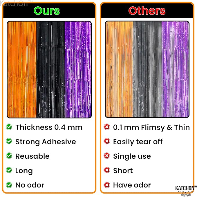 KatchOn, Orange Black and Purple Foil Fringe Curtain - XtraLarge 3.2x6.5 Feet, Pack of 2 | Streamers for Birthday, Bachelorette, Engagement | Fringe Backdrop for Halloween Party Decorations