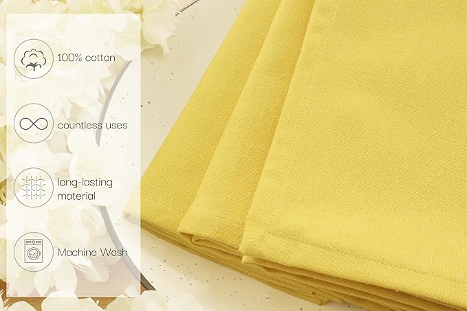 PurpleEssences Set of 6 Cloth Dinner Napkins 100% Cotton 18x18 Inch - Soft Durable Washable - Ideal for Farmhouse Party Christmas Holiday Winter - Perfect Everyday Use Table Linen - Yellow