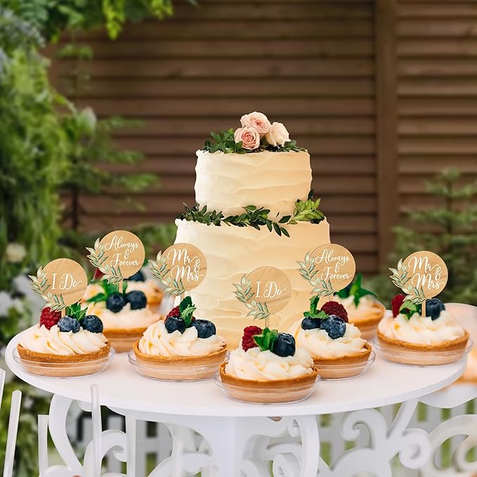 36 PCS Wedding Cupcake Toppers Green Mr & Mrs Wedding Cake Cupcake Decorations in Wood
