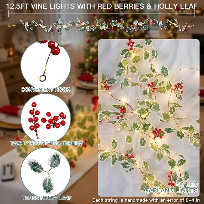suddus 40 LED Christmas Fairy Lights Battery Powered,12.5ft Vine String Lights with Red Berries & Holly Leaf Timer Remote, Artificial Garlands for Fireplace, Bedroom,Porch,Door,Table,Stairs,Xmas Decor