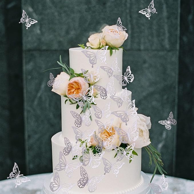 40 PCS Laser 3D Butterfly Cupcake Toppers - Hollow Arts Cake Decorations for Baby Shower, Wedding, Fairy Birthday Party Supplies - Wall Sticker Decoration Mixed Styles Silver