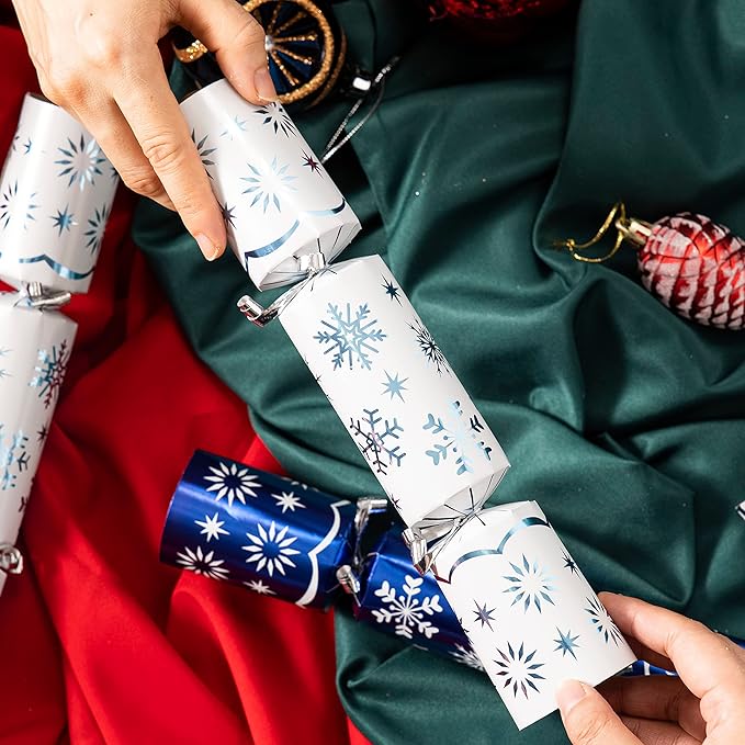 JOYN 8 Pack Christmas Non-Snap Party Table Favor with Blue & White Snowflake Design, with Party Hat, Joke & Little Gift Inside, for Xmas Gift, Christmas Seasonal Holiday Dinner Traditions
