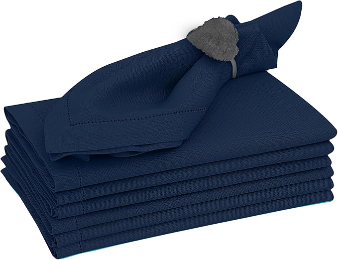 Ruvanti Premium Linen Napkins Set of 4-20x20 Inch, Classic Hemstitch, Mitered Corner Cloth Napkins ‎‎- Soft, Elegant Dinner Napkins Cloth Washable for Weddings, Parties, Everyday Use - Navy