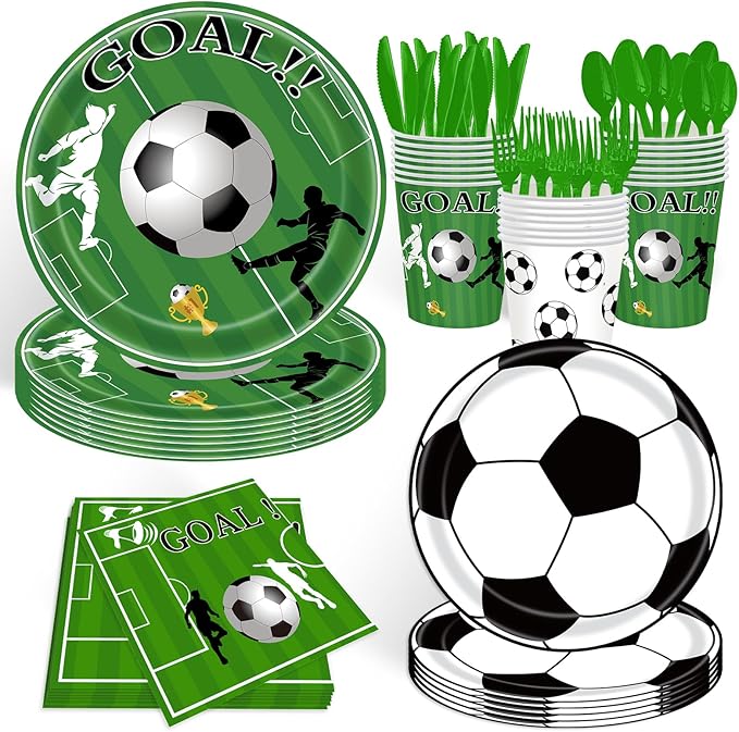 168 Pcs Soccer Theme Party Supplies Set, Plates, Cups, Napkins, Tablecloth and Banner, Sports Birthday Decorations for 24 Guests