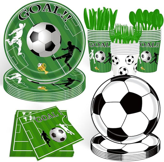 168 Pcs Soccer Theme Party Supplies Set, Plates, Cups, Napkins, Tablecloth and Banner, Sports Birthday Decorations for 24 Guests
