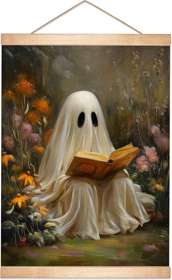 Rustic Ghost is Reading a Book Wall Art 18.5x14 Inch,Fun Ghost Linen Canvas Wall Hanging Poster Decor, Retro Gothic Haunted House Theme Wall Poster for Library Reading Corner,Halloween Decorations (BLK07)