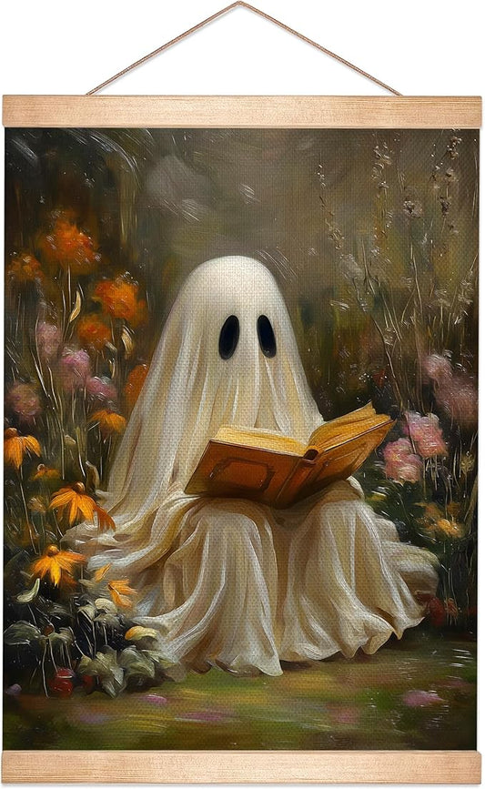 Rustic Ghost is Reading a Book Wall Art 18.5x14 Inch,Fun Ghost Linen Canvas Wall Hanging Poster Decor, Retro Gothic Haunted House Theme Wall Poster for Library Reading Corner,Halloween Decorations (BLK07)