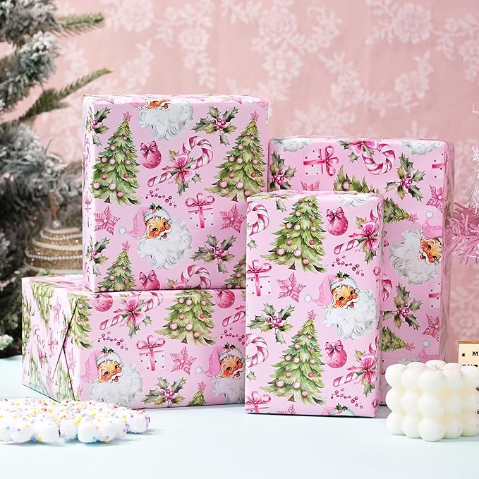 PlandRichW Pink Christmas Wrapping Paper - Vintage Watercolor Santa with Gingerbread, Candy Canes & Bows - 40×28 Inch Xmas Gift Wrap, 4 Folded Sheets for Kids & Adults