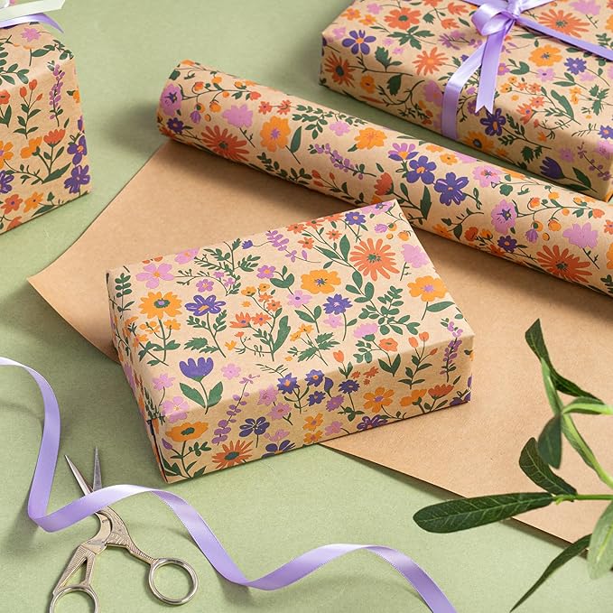 WRAPAHOLIC Kraft Floral Wrapping Paper Roll - Mini Roll - 17 Inch x 9.8 Feet - Vintage Flower Wrapping Paper, Perfect for Wedding, Birthday, Bridal Shower, Tea Party