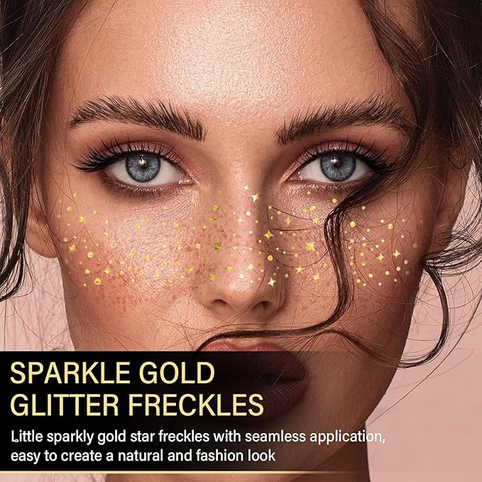 20 Pcs Gold Face Makeup Patches, Glitter Freckles Face Tattoo Gold Makeup, Glitter Freckles, Sparkle Makeup Patches, Waterproof Face Glitter Temporary Tattoos for Women