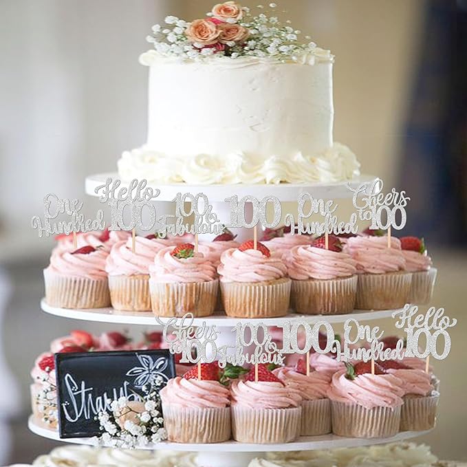 30PCS Happy 100th Birthday Cupcake Toppers One Hundred Cheers to 100 Years Birthday Cupcake Picks Hello 100 Fabulous Cake Decorations for Happy 100th Birthday Anniversary Party Supplies Silver