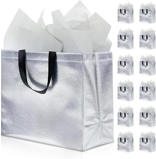 KeerxunBag 12Pcs Reusable Gift Bags（Includes Tissue Paper） Gift bag with handle Birthdays Parties Holidays Weddings Medium 13x5x11in Silver Gift Bags