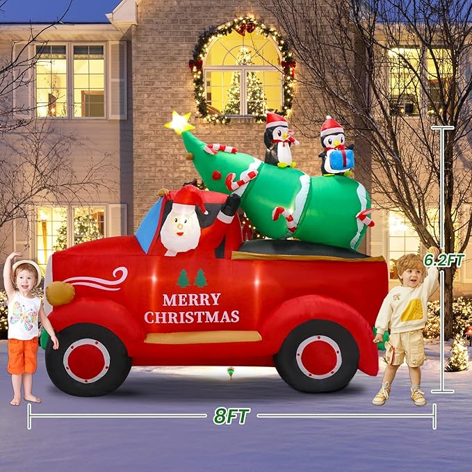 8 FT Christmas Inflatables Decorations Outdoor，Santa Christmas Tree Delivery Truck and Penguin with Built-in LED Lights for Indoor Holiday Party Yard Garden Lawn Décor