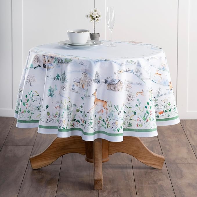 Maison d' Hermine Table Cloth Round Table 100% Cotton 69 Inches Fall Tablecloth Reusable Everyday Use for Thanksgiving Christmas Decorations Dining Farmhouse Party (Snowy World)