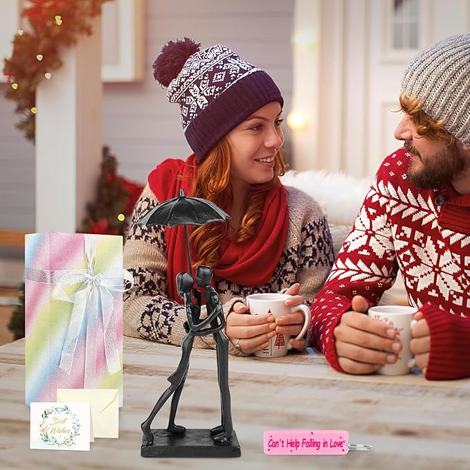 Anniversary for Couple/Her, Affectionate Couple Statue Kissing Under Umbrella, Handcrafted Cast Iron Sculpture in Love, for Wedding Gifts 6th Anniversary Birthday Gifts