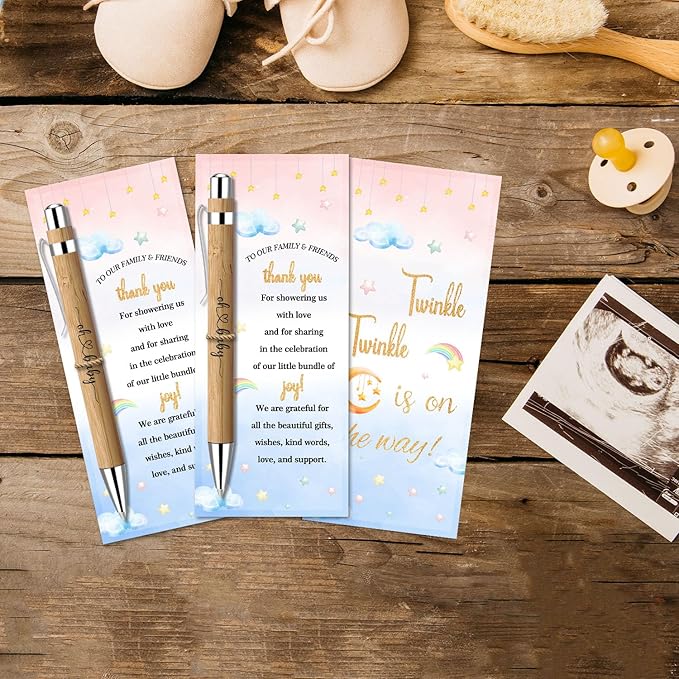 Toerifer 30 Pcs Baby Shower Gifts for Guests, Thank You Gift Sets, Included Bamboo Pens Greeting Cards, Gender Reveal Souvenirs Prizes, Twinkle Twinkle Little Star Baby Shower Decorations