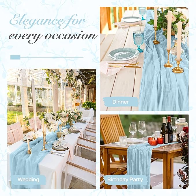 Cheesecloth Table Runner 3 Pack – 35x120 Inch (10ft) Boho Rustic Gauze Cloth Runners – Crinkle Polyester Table Decor for Wedding, Baby Shower, Bridal Shower, Birthday Party and More (Sky Blue)