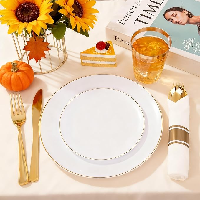 KIRE 350 PCS White and Gold Plates Disposable - Elegant Dinnerware Set of 50 Guest, White Plastic Plates With Gold Rim, Pre Rolled Napkins with Silverware & Cups for Thanksgiving Party/Wedding