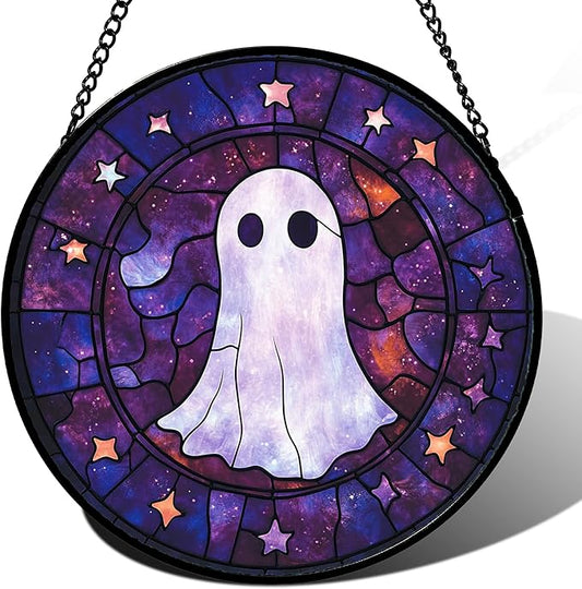 Stained Glass Window Hanging - Halloween White Star Ghost Purple Starry Sky Suncatcher for Doors Garden Indoor Spooky Sun Catchers Gothic Decor Horror Gifts for Women Men Friend 15 in