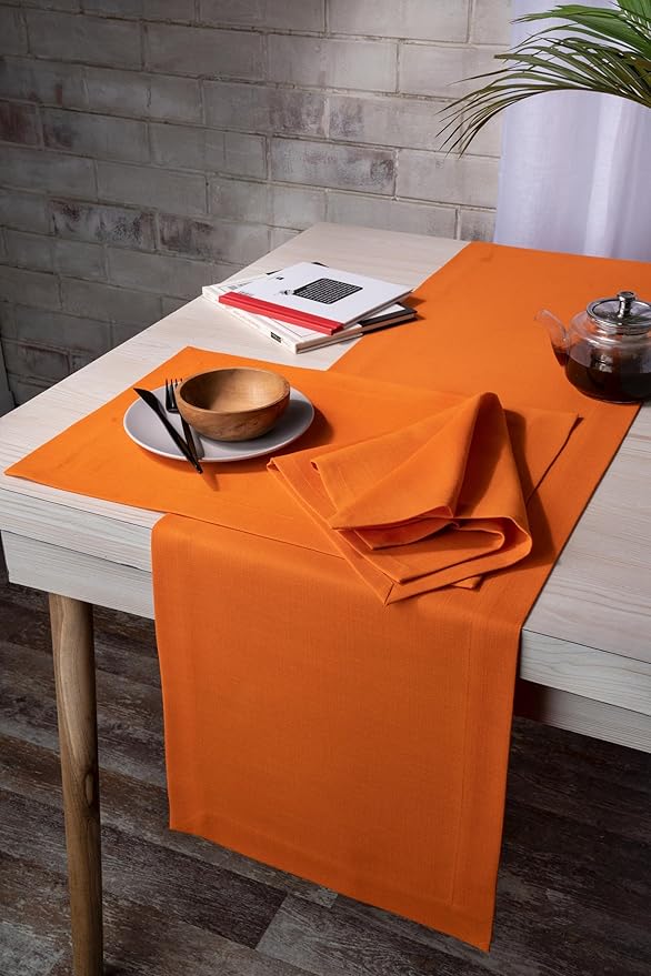 D'Moksha Homes Orange Table Runner 14 x 90 Inch - Faux Linen Dining Table Runner 90 Inches Long - Wrinkle Resistant, Machine Washable for Fall, Thanksgiving, Holiday - 100% Recycled Fabric