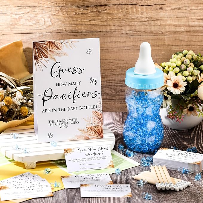 Roowest 512 Pcs Baby Shower Games Guess How Many Pacifiers Sign 100 Small Guessing Games 10 HB Pencils 750ml Milk Bottle 400 Acrylic Pacifiers Decoration for Guest Gender Reveal(Blue,Boho)