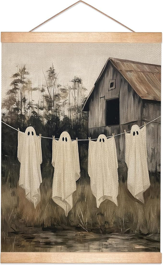 Rustic Halloween Ghost Linen Canvas Wall Art 18.5x14 Inch, Vintage Farmhouse Barn Wall Hanging Poster, Spooky Fall Decor, Retro Gothic Haunted House Theme Wall Poster for Living Room Bedroom (BLK08)