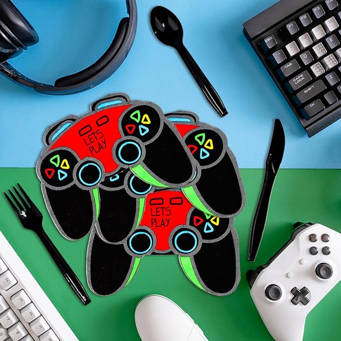 DYLIVeS Video Game Birthday Party Decorations, 180 pcs Gaming Party Supplies for Boys Child Game Party Tableware Set - Include Banner, Gamer 9" and 7" Paper Plates, Cups, Napkins, Cutlery, Serves 24