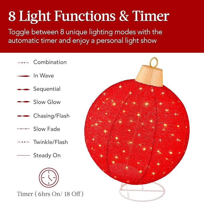 Best Choice Products 2pc Lighted Pop-Up Outdoor Christmas Ornament Set, Holiday Ball Decoration w/ 220 LED Lights, 8 Light Functions - Red/Gold