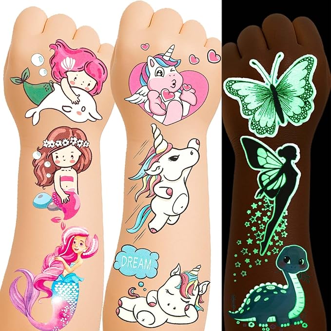 150+ Glow Kids Temporary Tattoos for Girls – Individually Wrapped, Waterproof, Glow in the Dark – Mermaid, Unicorn, Princess, Fairy, Ocean & Butterfly Themes