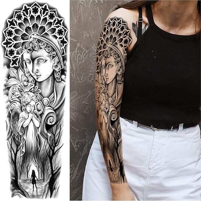 Flower Forest Temporary Tattoo Sleeve for Women Leg, 4-Sheet Full Arm Realistic Tiger Wolf Floral Fake Tattoo Sleeve Adult Girl and 4-Sheet Large Black Half Temp Tatoo Sticker Thigh Makeup Body Art